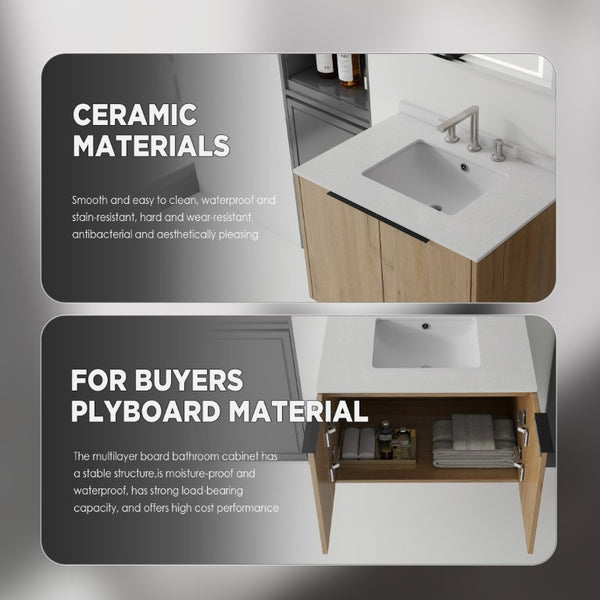 English Elm 30 Inch Wall Mounted Bathroom Vanity with Cultured Marble Top and Soft Close Door Oak Granite White - B B2775S00116