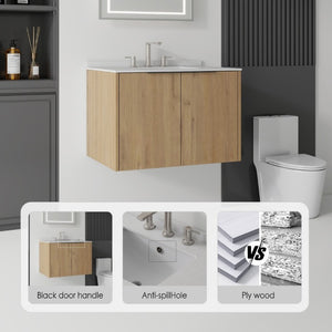 English Elm 30 Inch Wall Mounted Bathroom Vanity with Cultured Marble Top and Soft Close Door Oak Granite White - B B2775S00116