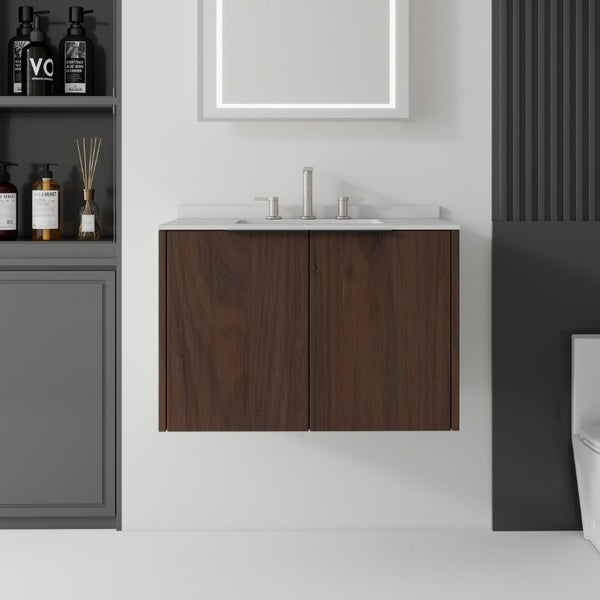 English Elm 30 Inch Wall Mounted Bathroom Vanity with Cultured Marble Top and Soft Close Door Brown Granite White B2775S00117
