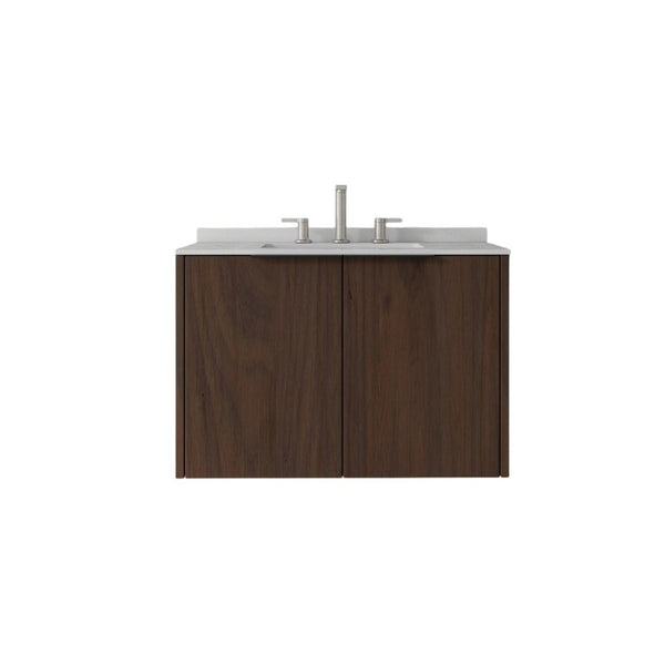 English Elm 30 Inch Wall Mounted Bathroom Vanity with Cultured Marble Top and Soft Close Door Brown Granite White B2775S00117