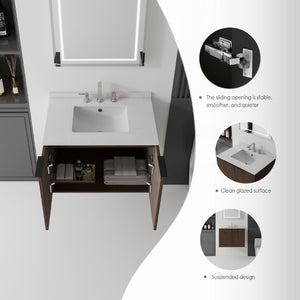English Elm 30 Inch Wall Mounted Bathroom Vanity with Cultured Marble Top and Soft Close Door Brown Granite White B2775S00117
