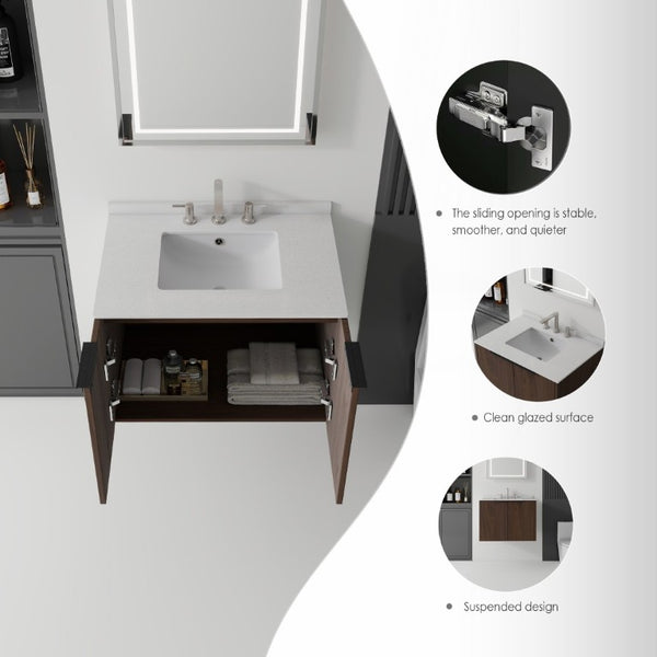 English Elm 30 Inch Wall Mounted Bathroom Vanity with Cultured Marble Top and Soft Close Door Brown Granite White B2775S00117