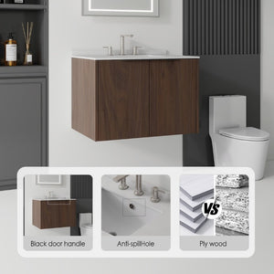 English Elm 30 Inch Wall Mounted Bathroom Vanity with Cultured Marble Top and Soft Close Door Brown Granite White B2775S00117