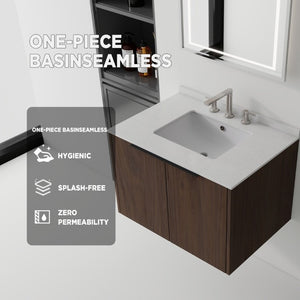 English Elm 30 Inch Wall Mounted Bathroom Vanity with Cultured Marble Top and Soft Close Door Brown Granite White B2775S00117