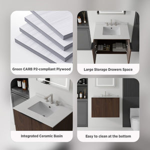 English Elm 30 Inch Wall Mounted Bathroom Vanity with Cultured Marble Top and Soft Close Door Brown Granite White B2775S00117