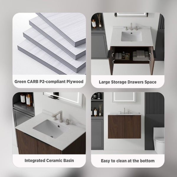 English Elm 30 Inch Wall Mounted Bathroom Vanity with Cultured Marble Top and Soft Close Door Brown Granite White B2775S00117