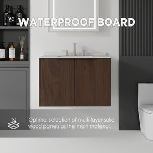 English Elm 30 Inch Wall Mounted Bathroom Vanity with Cultured Marble Top and Soft Close Door Brown Granite White B2775S00117