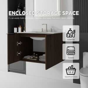 English Elm 30 Inch Wall Mounted Bathroom Vanity with Cultured Marble Top and Soft Close Door Brown Granite White B2775S00117