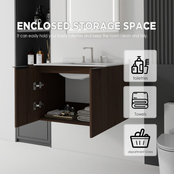 English Elm 30 Inch Wall Mounted Bathroom Vanity with Cultured Marble Top and Soft Close Door Brown Granite White B2775S00117