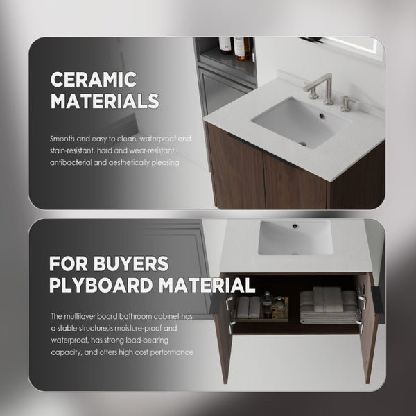 English Elm 30 Inch Wall Mounted Bathroom Vanity with Cultured Marble Top and Soft Close Door Brown Granite White B2775S00117
