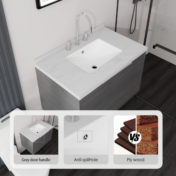 English Elm 30 Inch Floating Bathroom Vanity with Marble Top Undermount Sink and Soft Close Door Grey Carrara White - A B2775S00118