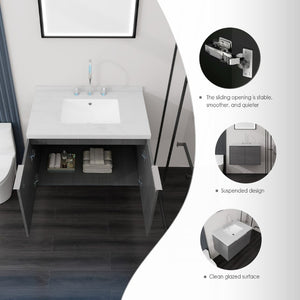 English Elm 30 Inch Floating Bathroom Vanity with Marble Top Undermount Sink and Soft Close Door Grey Carrara White - A B2775S00118