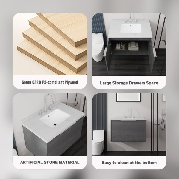 English Elm 30 Inch Floating Bathroom Vanity with Marble Top Undermount Sink and Soft Close Door Grey Carrara White - A B2775S00118