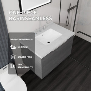 English Elm 30 Inch Floating Bathroom Vanity with Marble Top Undermount Sink and Soft Close Door Grey Carrara White - A B2775S00118