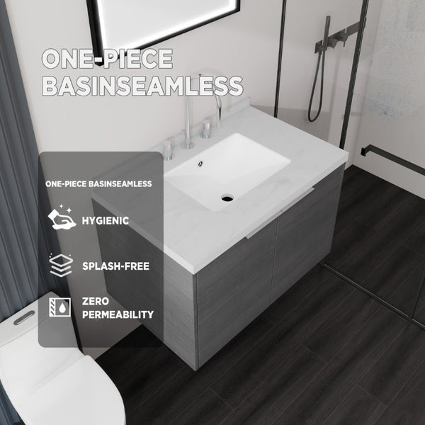 English Elm 30 Inch Floating Bathroom Vanity with Marble Top Undermount Sink and Soft Close Door Grey Carrara White - A B2775S00118