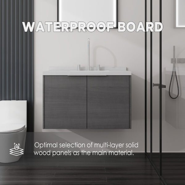 English Elm 30 Inch Floating Bathroom Vanity with Marble Top Undermount Sink and Soft Close Door Grey Carrara White - A B2775S00118