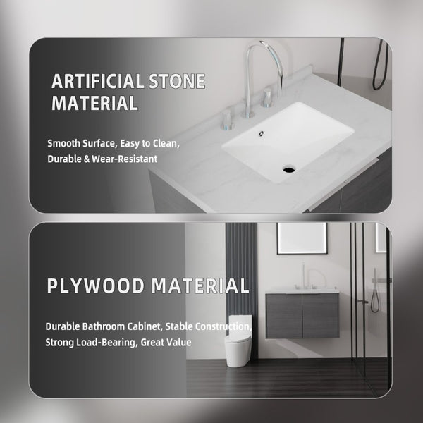 English Elm 30 Inch Floating Bathroom Vanity with Marble Top Undermount Sink and Soft Close Door Grey Carrara White - A B2775S00118