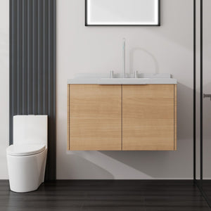 English Elm 30 Inch Floating Bathroom Vanity with Marble Top Undermount Sink and Soft Close Door Oak Carrara White - A B2775S00119