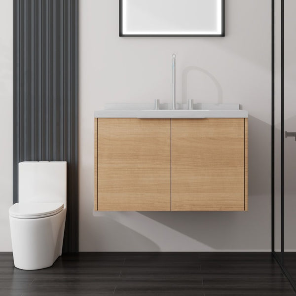 English Elm 30 Inch Floating Bathroom Vanity with Marble Top Undermount Sink and Soft Close Door Oak Carrara White - A B2775S00119