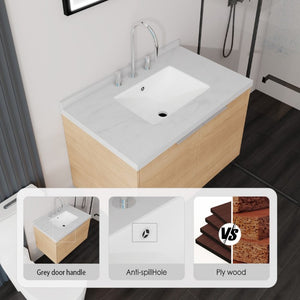 English Elm 30 Inch Floating Bathroom Vanity with Marble Top Undermount Sink and Soft Close Door Oak Carrara White - A B2775S00119