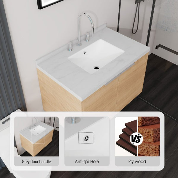 English Elm 30 Inch Floating Bathroom Vanity with Marble Top Undermount Sink and Soft Close Door Oak Carrara White - A B2775S00119