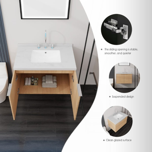 English Elm 30 Inch Floating Bathroom Vanity with Marble Top Undermount Sink and Soft Close Door Oak Carrara White - A B2775S00119