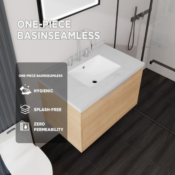 English Elm 30 Inch Floating Bathroom Vanity with Marble Top Undermount Sink and Soft Close Door Oak Carrara White - A B2775S00119