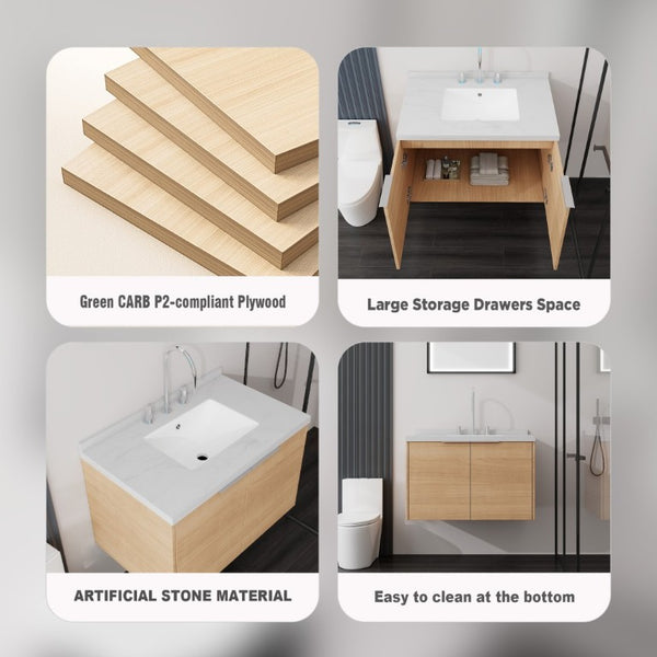 English Elm 30 Inch Floating Bathroom Vanity with Marble Top Undermount Sink and Soft Close Door Oak Carrara White - A B2775S00119