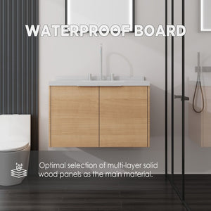 English Elm 30 Inch Floating Bathroom Vanity with Marble Top Undermount Sink and Soft Close Door Oak Carrara White - A B2775S00119