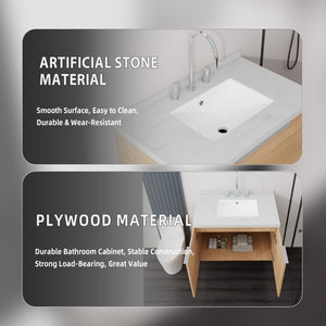 English Elm 30 Inch Floating Bathroom Vanity with Marble Top Undermount Sink and Soft Close Door Oak Carrara White - A B2775S00119
