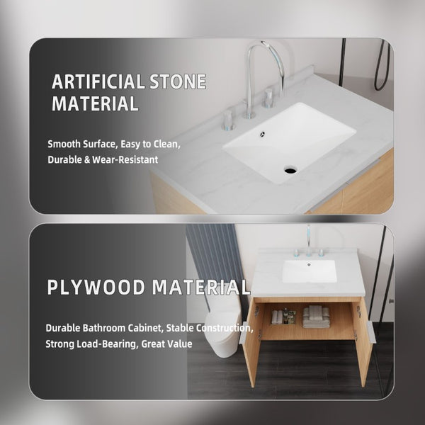 English Elm 30 Inch Floating Bathroom Vanity with Marble Top Undermount Sink and Soft Close Door Oak Carrara White - A B2775S00119