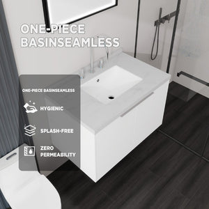English Elm 30 Inch Floating Bathroom Vanity with Marble Top Undermount Sink and Soft Close Door White Carrara White B2775S00120