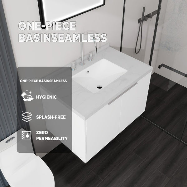 English Elm 30 Inch Floating Bathroom Vanity with Marble Top Undermount Sink and Soft Close Door White Carrara White B2775S00120
