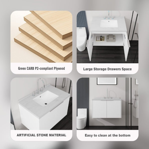 English Elm 30 Inch Floating Bathroom Vanity with Marble Top Undermount Sink and Soft Close Door White Carrara White B2775S00120