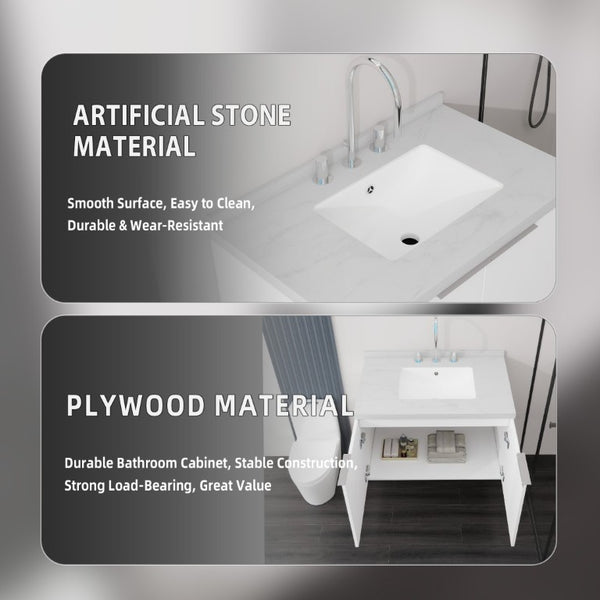 English Elm 30 Inch Floating Bathroom Vanity with Marble Top Undermount Sink and Soft Close Door White Carrara White B2775S00120