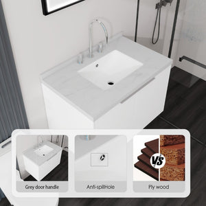 English Elm 30 Inch Floating Bathroom Vanity with Marble Top Undermount Sink and Soft Close Door White Carrara White B2775S00120