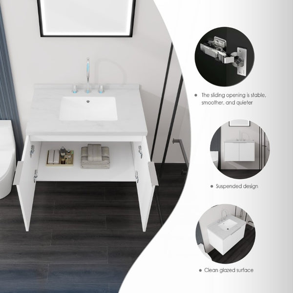 English Elm 30 Inch Floating Bathroom Vanity with Marble Top Undermount Sink and Soft Close Door White Carrara White B2775S00120