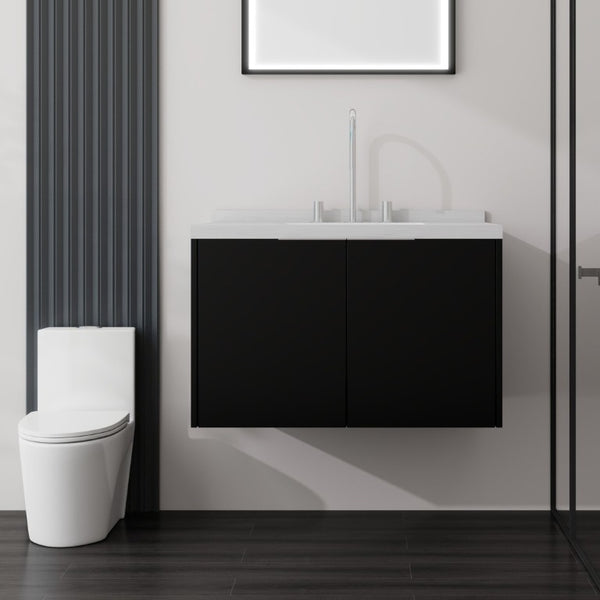 English Elm 30 Inch Floating Bathroom Vanity with Marble Top Undermount Sink and Soft Close Door Black Carrara White B2775S00121