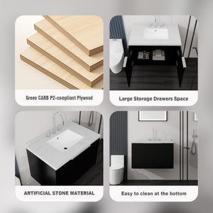 English Elm 30 Inch Floating Bathroom Vanity with Marble Top Undermount Sink and Soft Close Door Black Carrara White B2775S00121