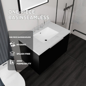 English Elm 30 Inch Floating Bathroom Vanity with Marble Top Undermount Sink and Soft Close Door Black Carrara White B2775S00121
