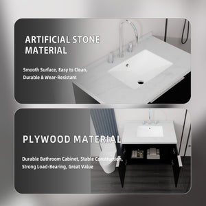 English Elm 30 Inch Floating Bathroom Vanity with Marble Top Undermount Sink and Soft Close Door Black Carrara White B2775S00121