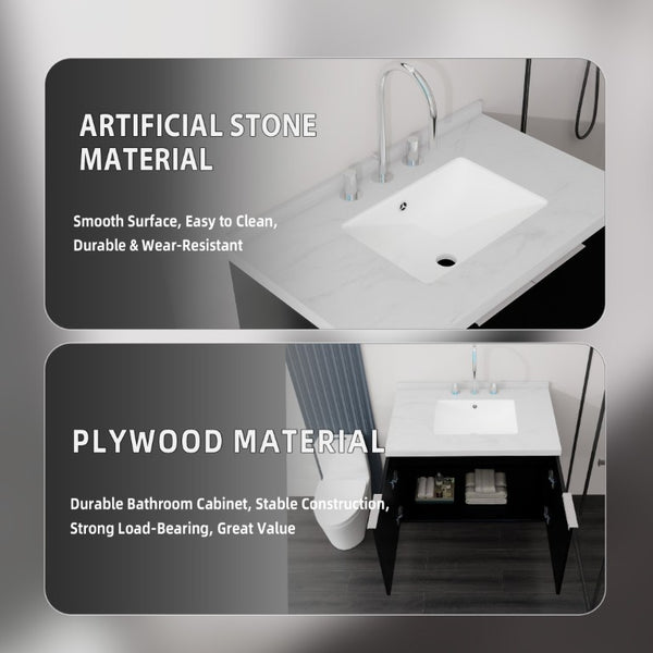 English Elm 30 Inch Floating Bathroom Vanity with Marble Top Undermount Sink and Soft Close Door Black Carrara White B2775S00121
