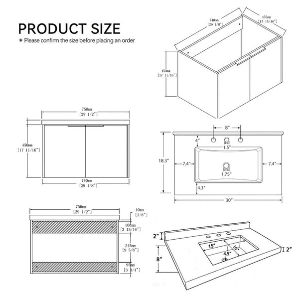 English Elm 30 Inch Floating Bathroom Vanity with Marble Top Undermount Sink and Soft Close Door Black Carrara White B2775S00121