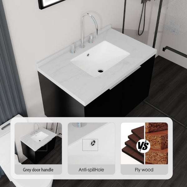 English Elm 30 Inch Floating Bathroom Vanity with Marble Top Undermount Sink and Soft Close Door Black Carrara White B2775S00121