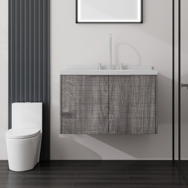 English Elm 30 Inch Floating Bathroom Vanity with Marble Top Undermount Sink and Soft Close Door Grey Carrara White - B B2775S00122