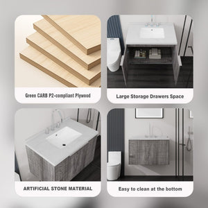 English Elm 30 Inch Floating Bathroom Vanity with Marble Top Undermount Sink and Soft Close Door Grey Carrara White - B B2775S00122