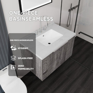 English Elm 30 Inch Floating Bathroom Vanity with Marble Top Undermount Sink and Soft Close Door Grey Carrara White - B B2775S00122