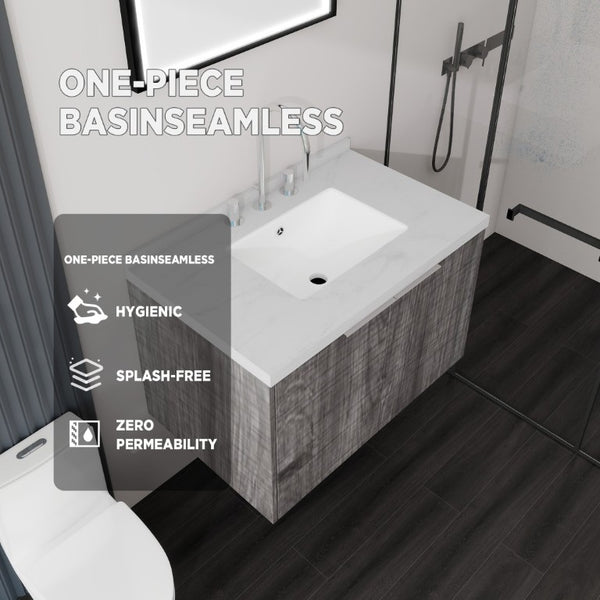 English Elm 30 Inch Floating Bathroom Vanity with Marble Top Undermount Sink and Soft Close Door Grey Carrara White - B B2775S00122