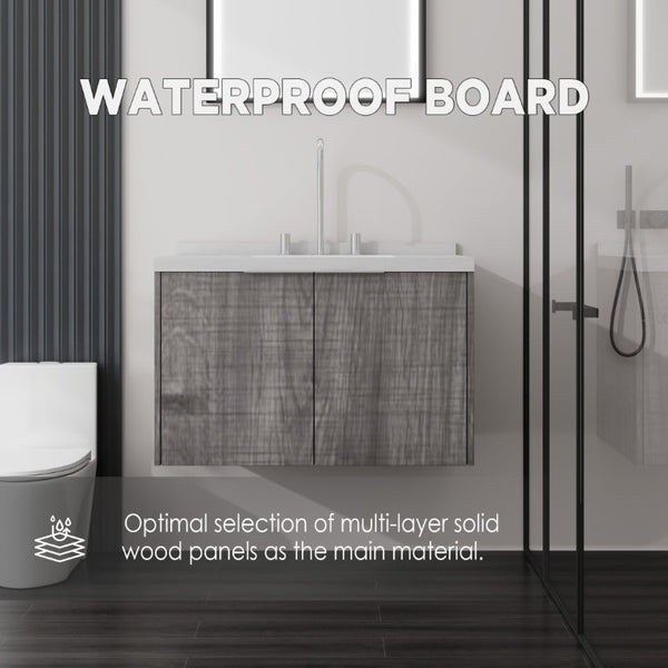 English Elm 30 Inch Floating Bathroom Vanity with Marble Top Undermount Sink and Soft Close Door Grey Carrara White - B B2775S00122