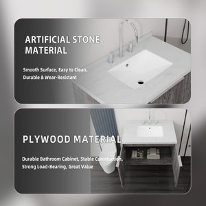 English Elm 30 Inch Floating Bathroom Vanity with Marble Top Undermount Sink and Soft Close Door Grey Carrara White - B B2775S00122